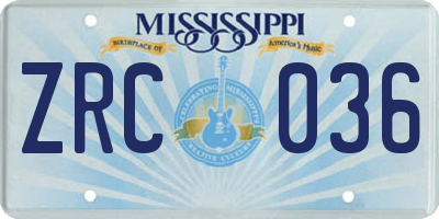 MS license plate ZRC036