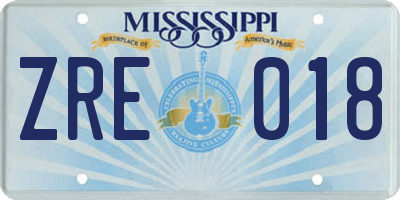 MS license plate ZRE018