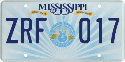 MS license plate ZRF017