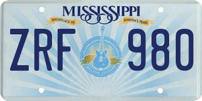 MS license plate ZRF980