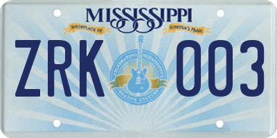 MS license plate ZRK003