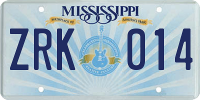 MS license plate ZRK014