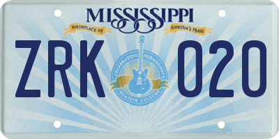MS license plate ZRK020