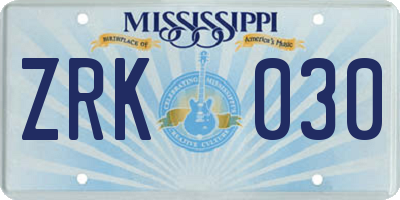 MS license plate ZRK030