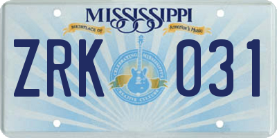 MS license plate ZRK031