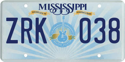 MS license plate ZRK038