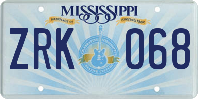 MS license plate ZRK068