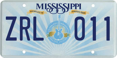 MS license plate ZRL011