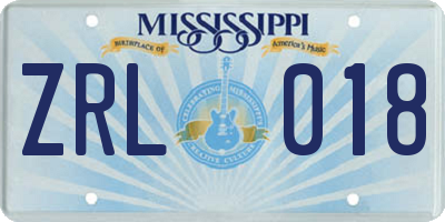MS license plate ZRL018
