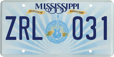 MS license plate ZRL031