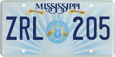 MS license plate ZRL205