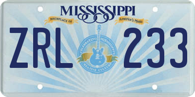 MS license plate ZRL233