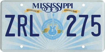 MS license plate ZRL275