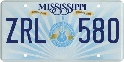 MS license plate ZRL580
