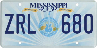 MS license plate ZRL680
