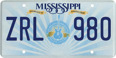 MS license plate ZRL980