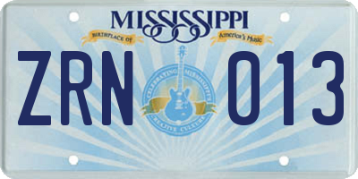 MS license plate ZRN013