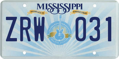 MS license plate ZRW031