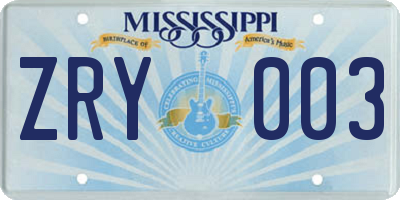 MS license plate ZRY003