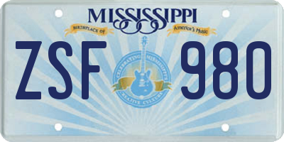 MS license plate ZSF980