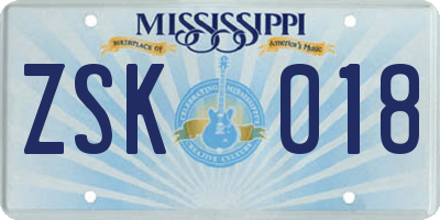 MS license plate ZSK018