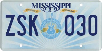 MS license plate ZSK030