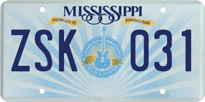 MS license plate ZSK031