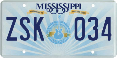 MS license plate ZSK034