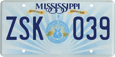 MS license plate ZSK039
