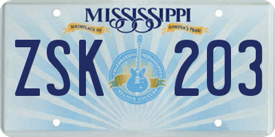 MS license plate ZSK203