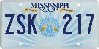 MS license plate ZSK217