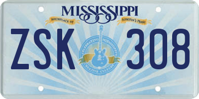 MS license plate ZSK308