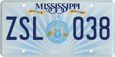 MS license plate ZSL038