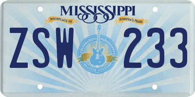 MS license plate ZSW233