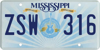 MS license plate ZSW316