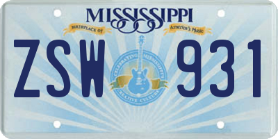MS license plate ZSW931