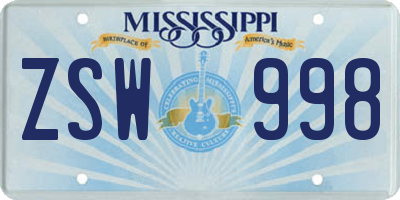 MS license plate ZSW998