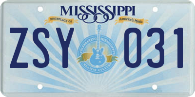 MS license plate ZSY031