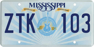 MS license plate ZTK103
