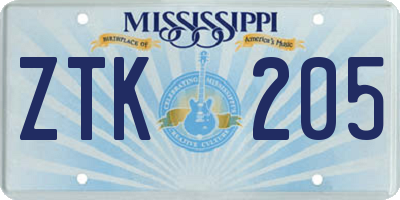 MS license plate ZTK205