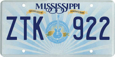 MS license plate ZTK922
