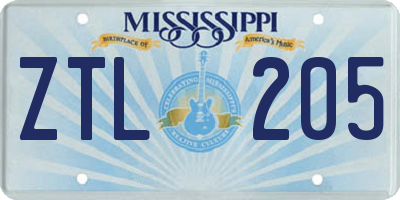 MS license plate ZTL205