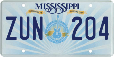 MS license plate ZUN204