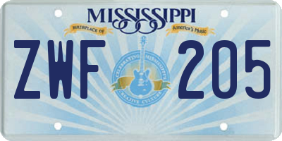 MS license plate ZWF205