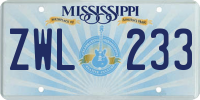 MS license plate ZWL233