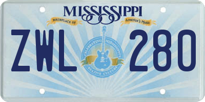MS license plate ZWL280