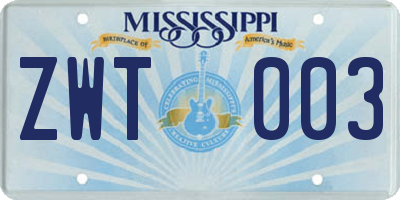 MS license plate ZWT003