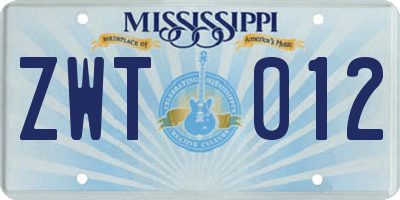 MS license plate ZWT012