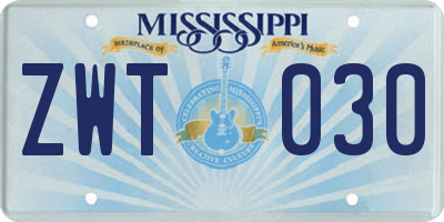 MS license plate ZWT030