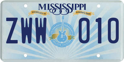 MS license plate ZWW010
